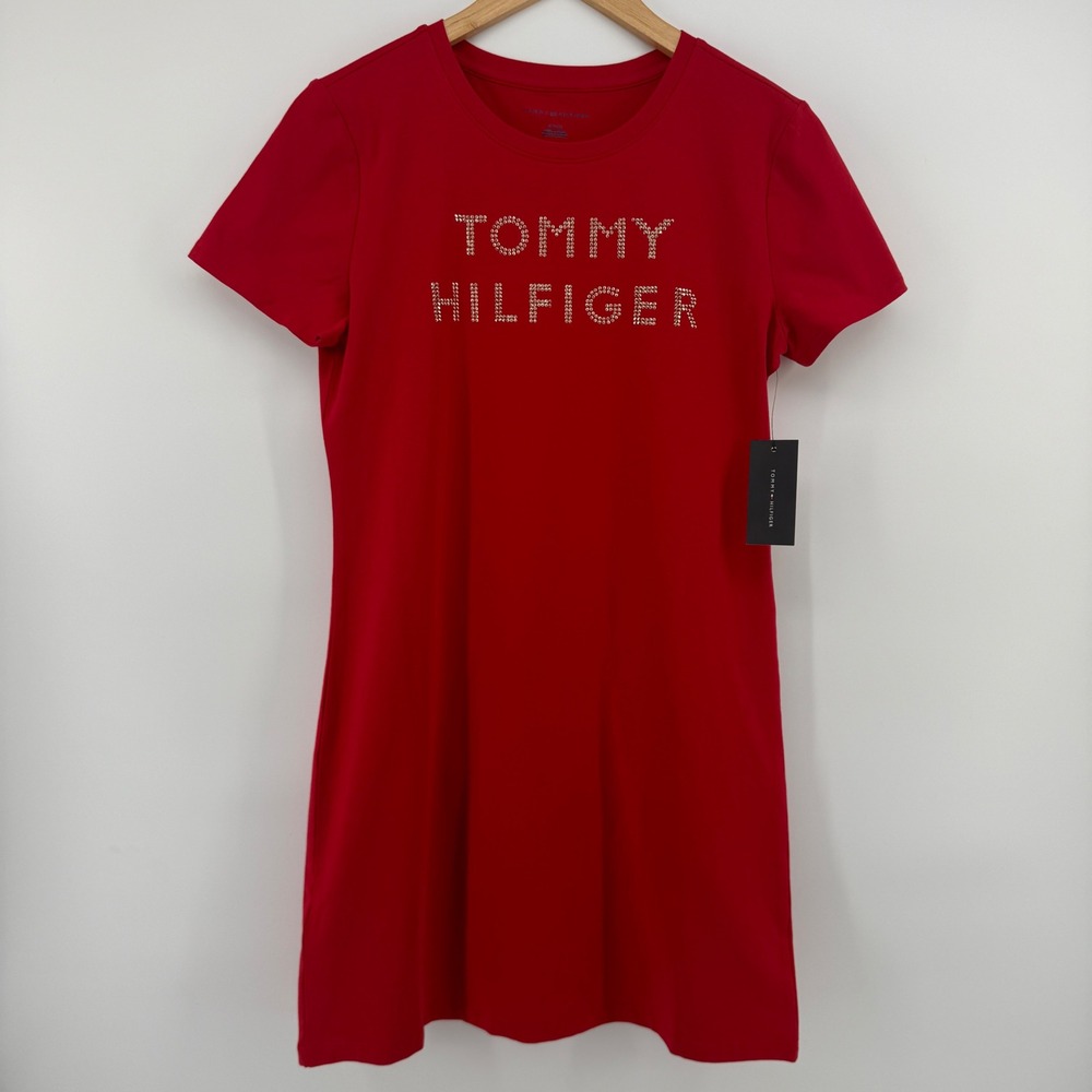 Tommy Hilfiger Womens Red Studded Logo T-Shirt Mini Dress A1GA1KQ7 NWT Small - Picture 2 of 9